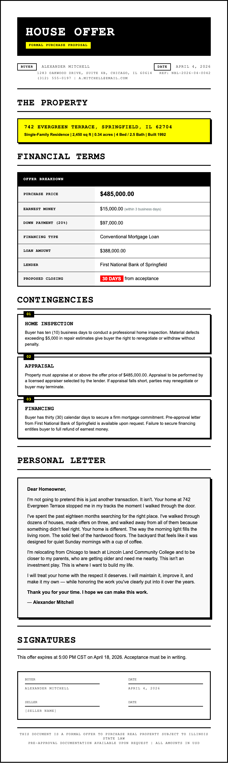 Neo Brutalist house offer letter